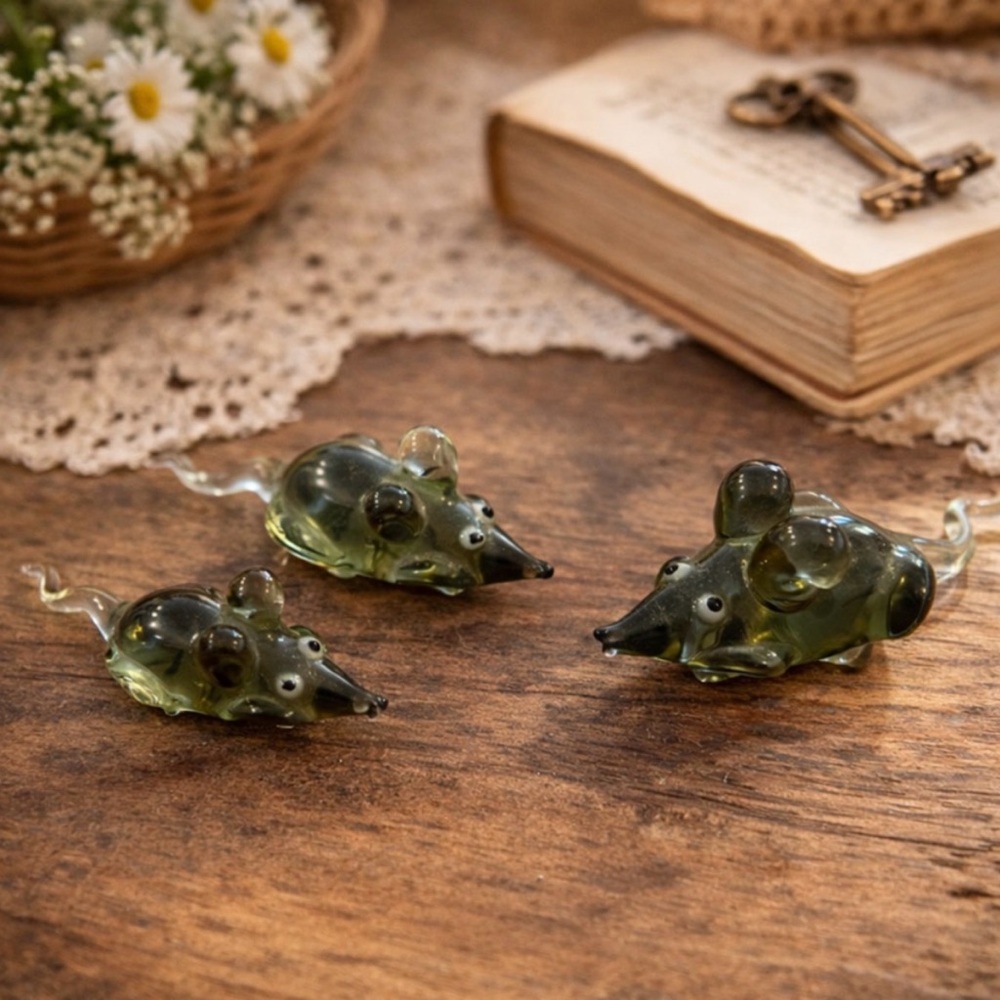 Vintage Hand Blown Glass Mice – Set of 3 Mini Figurines Mouse Kitchy